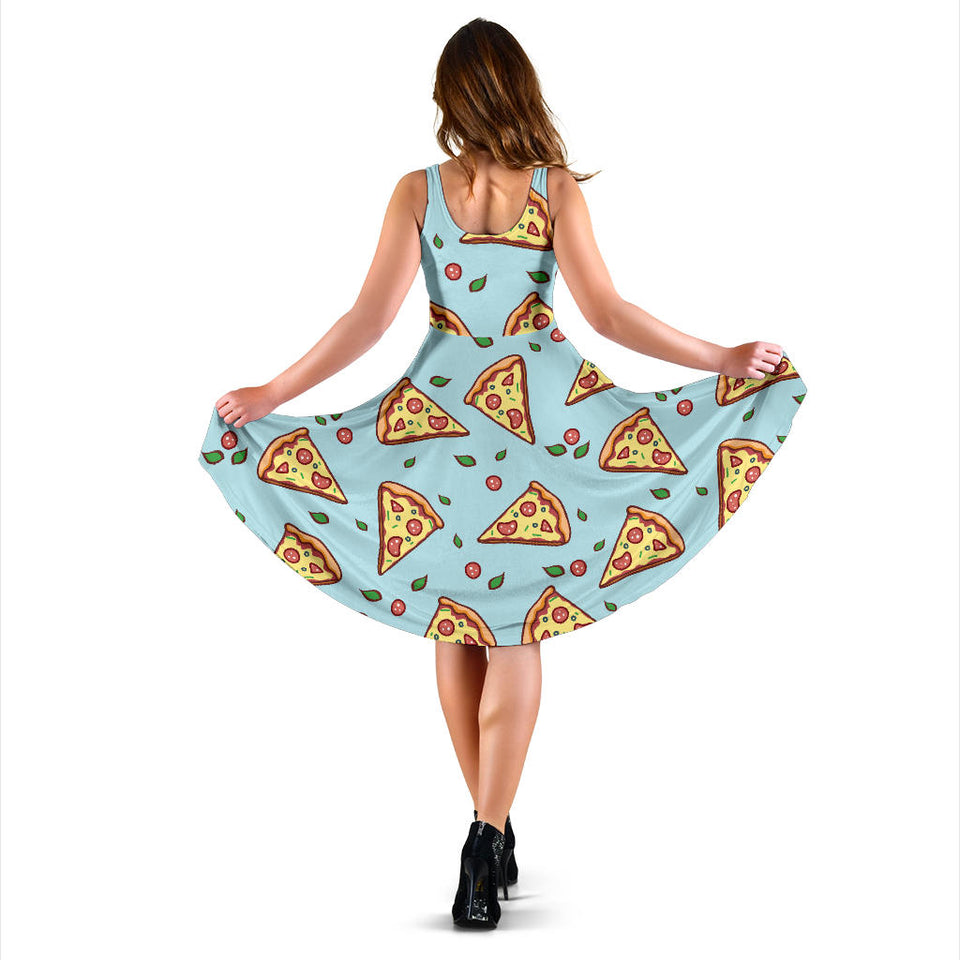 Hand Drawn Pizza Blue Background Sleeveless Midi Dress