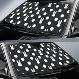 Cute White Rabbit Polka Dots Black Background Car Sun Shade
