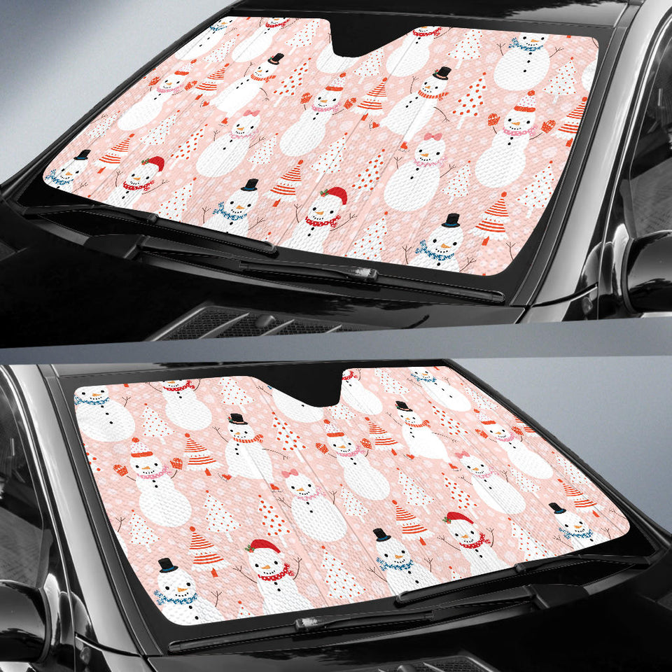 Cute Snowman Christmas Tree Snowpink Background Car Sun Shade