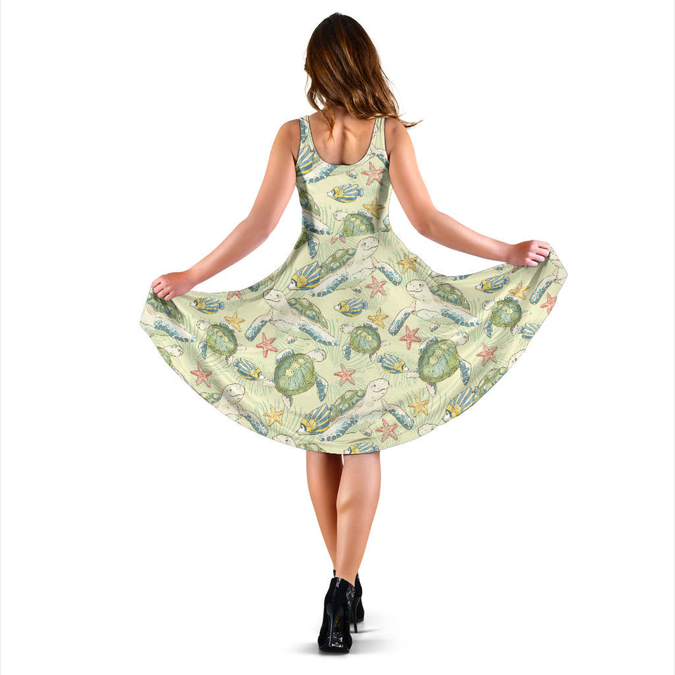 Hand Drawn Sea Turtle Fish Pattern Sleeveless Midi Dress