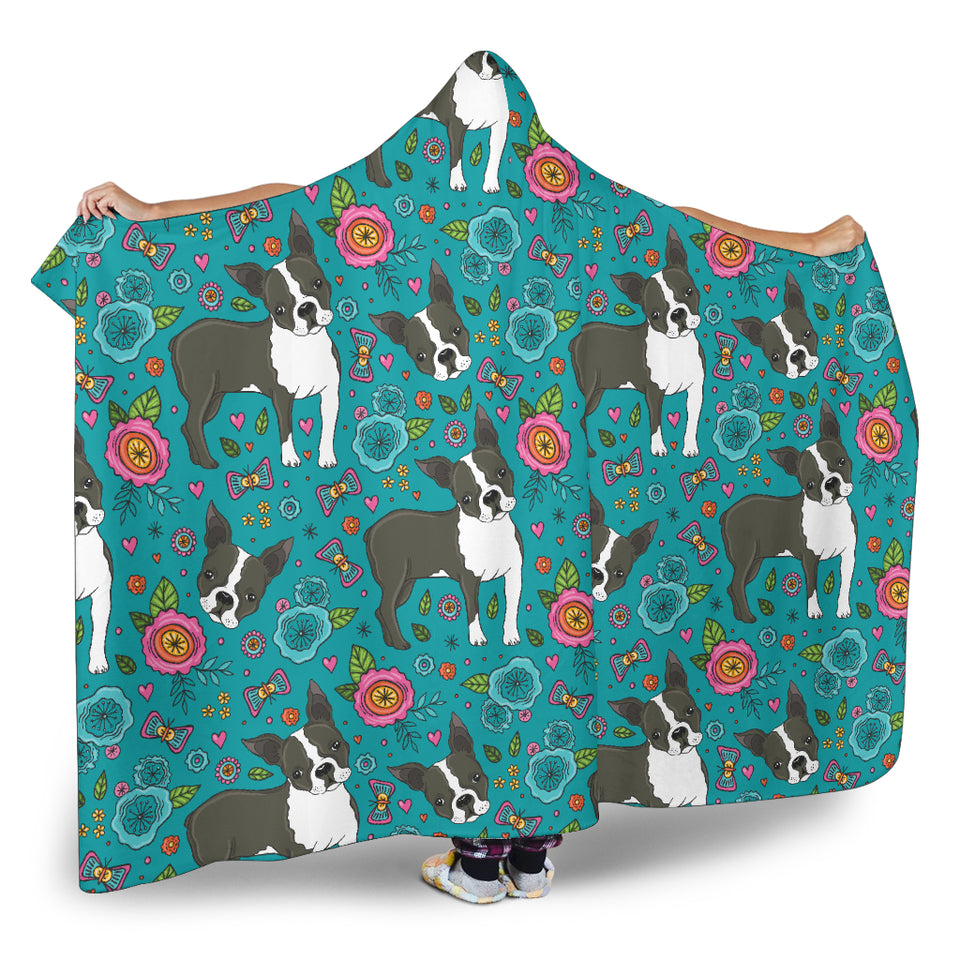 Boston Terrier Beautiful Flower Pattern Hooded Blanket