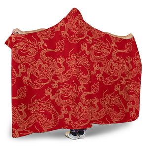 Gold Dragons Red Background Hooded Blanket