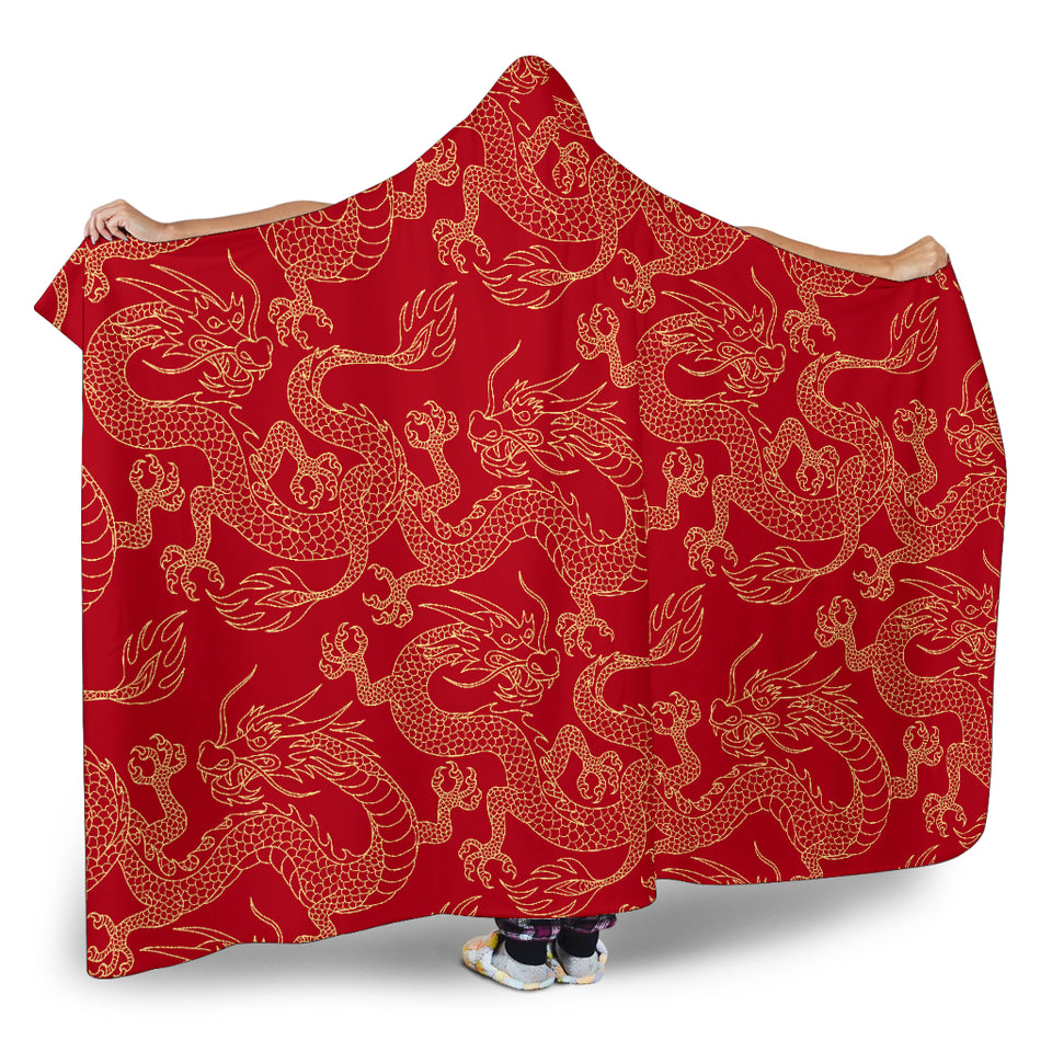 Gold Dragons Red Background Hooded Blanket