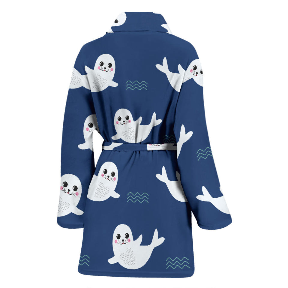 Cute White Baby Sea Lion Seal Pattern Women'S Bathrobe