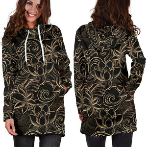 Luxurious Gold Lotus Waterlily Black Background Women'S Hoodie Dress