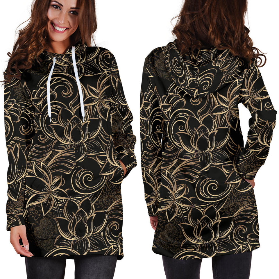 Luxurious Gold Lotus Waterlily Black Background Women'S Hoodie Dress