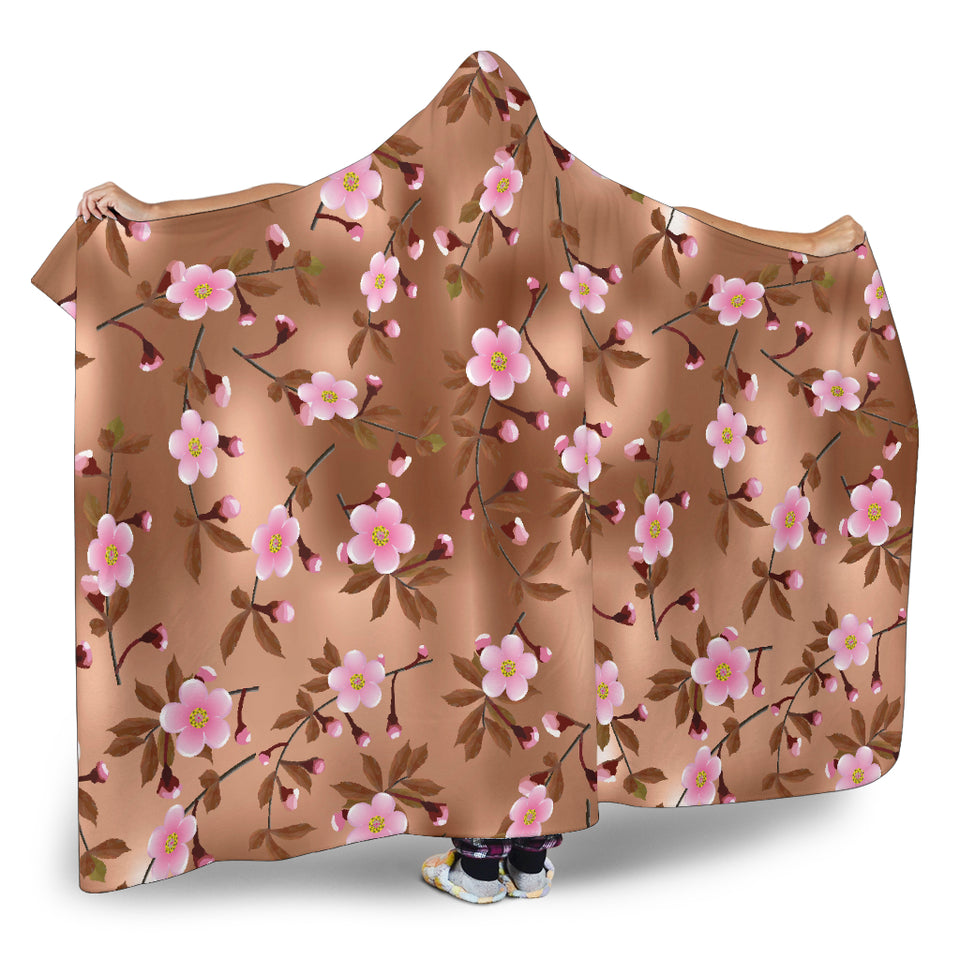 Pink Sakura Cherry Blossom Drak Brown Background Hooded Blanket