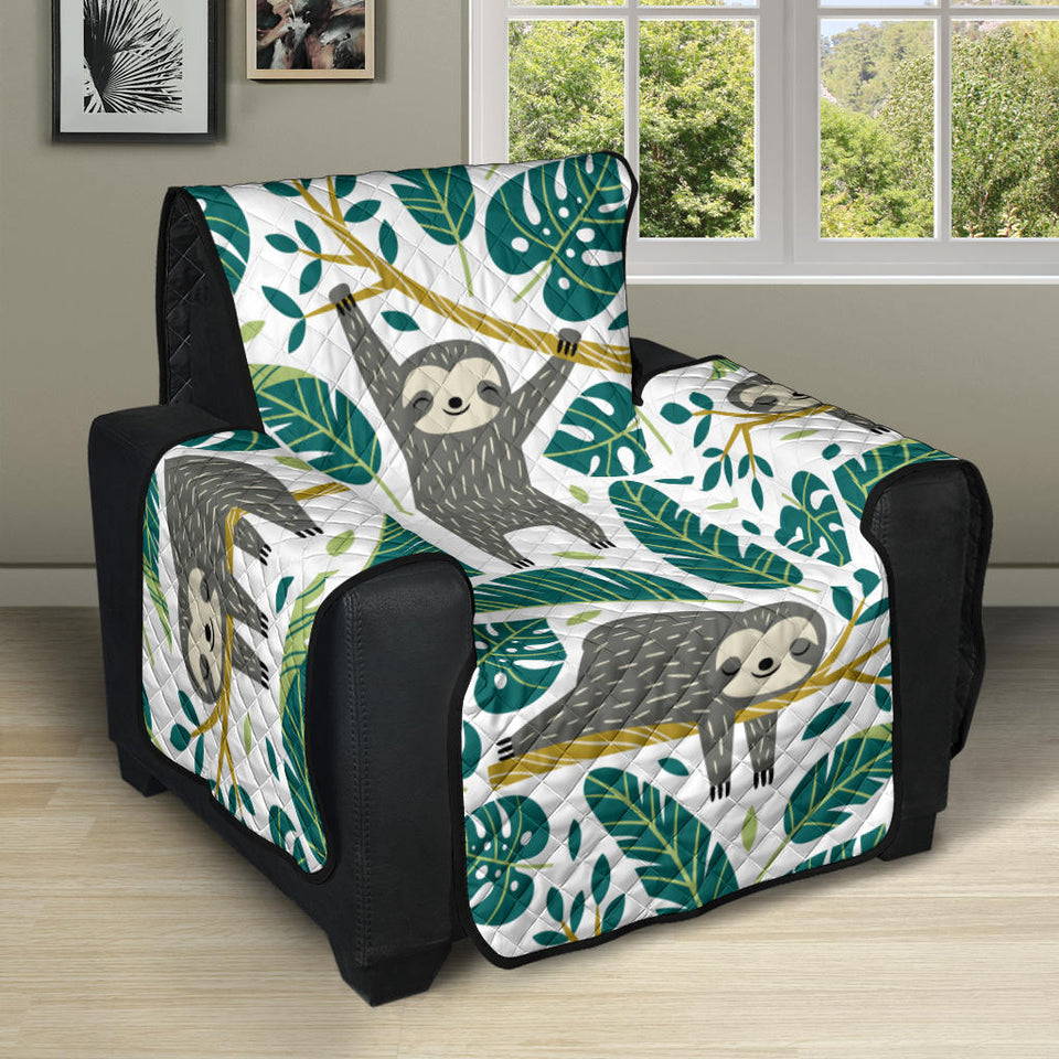Cute sloths tropical palm leaves white background Recliner Cover Protector