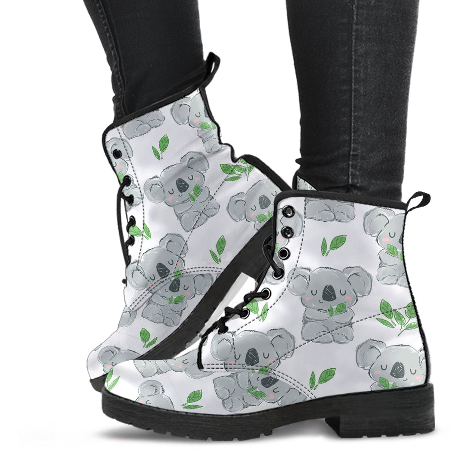 Hand Drawn Koala Leaves Pattern Leather Boots