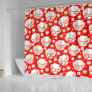 Cute Maneki Neko Lucky Cat Red Background Shower Curtain Fulfilled In US