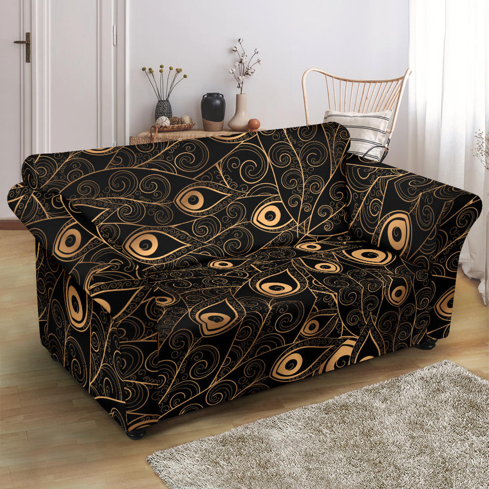 Gold Peacock Feather Pattern Loveseat Couch Slipcover