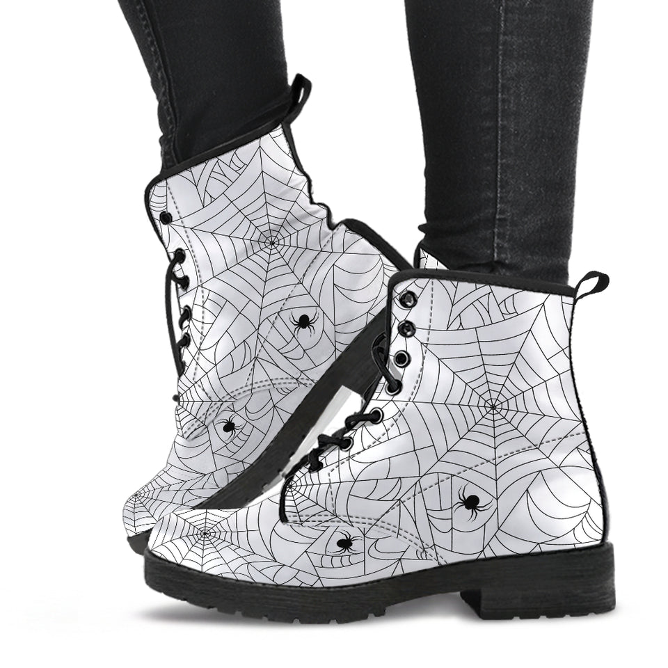 Spider Web Cobweb Pattern White Background Leather Boots