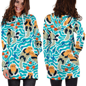Cute Sea Otters Fishe Sea Urchin Pattern Women'S Hoodie Dress