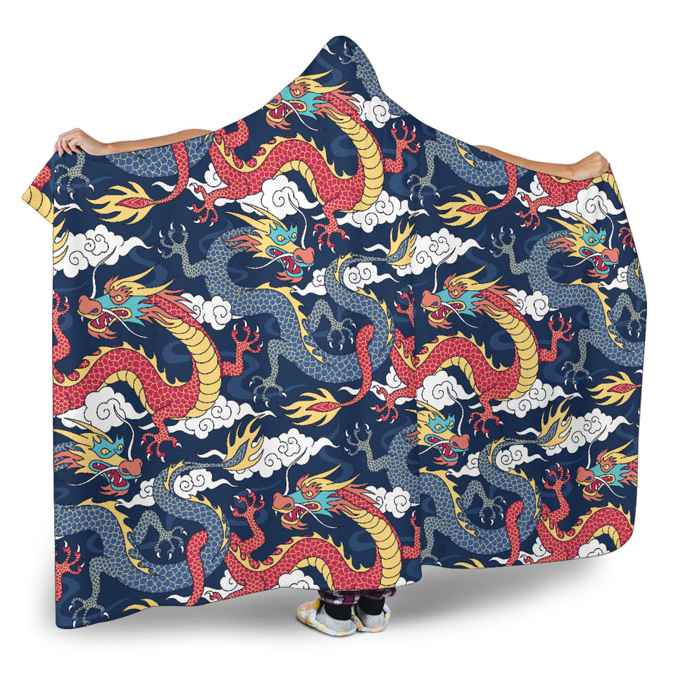 Blue Red Dragon Cloud Pattern Hooded Blanket