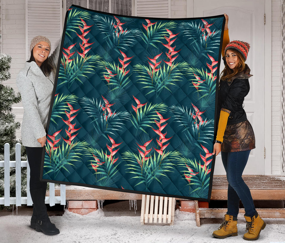 Heliconia Flowers, Palm And Monstera Leaves On Black Background Pattern Premium Quilt