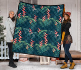 Heliconia Flowers, Palm And Monstera Leaves On Black Background Pattern Premium Quilt
