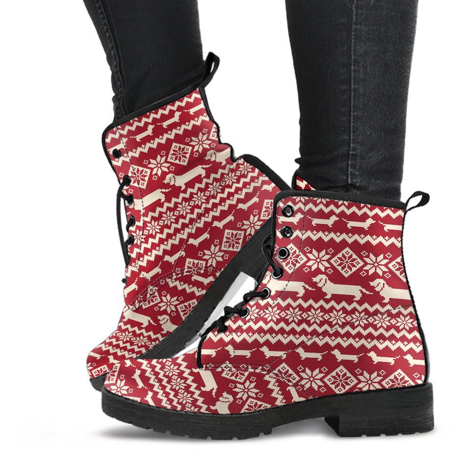 Dachshund Nordic Pattern Leather Boots