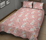 Cute white rabbit flower pink background Quilt Bed Set