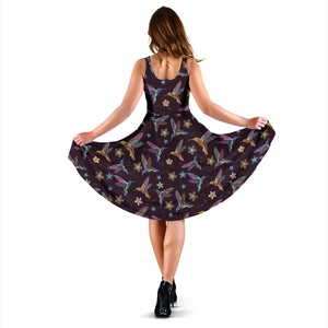 Hummingbird Pattern Print Design 04 Sleeveless Midi Dress