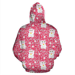 Maneki Neko Cat Sakura Pink Background Zip Up Hoodie