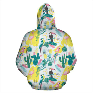 Cute Parrot Toucan Flamingo Cactus Exotic Leaves Pattern Men Women Pullover Hoodie