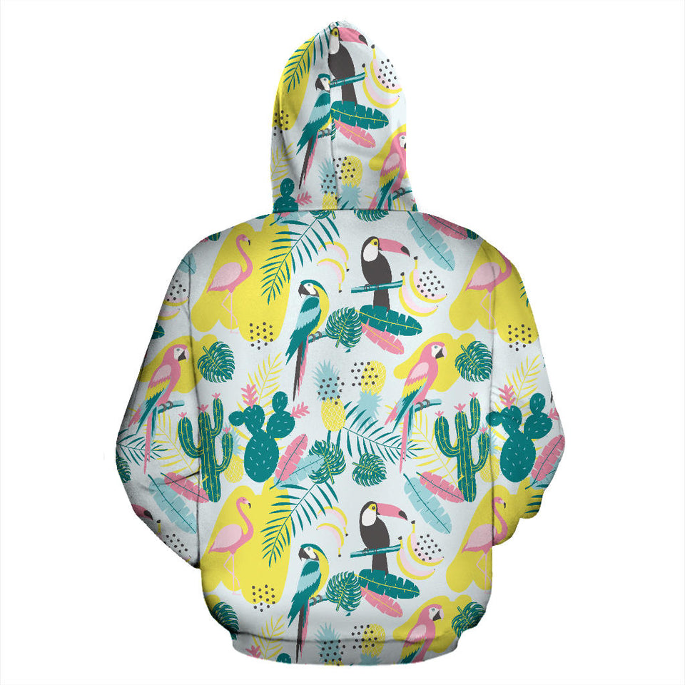 Cute Parrot Toucan Flamingo Cactus Exotic Leaves Pattern Men Women Pullover Hoodie