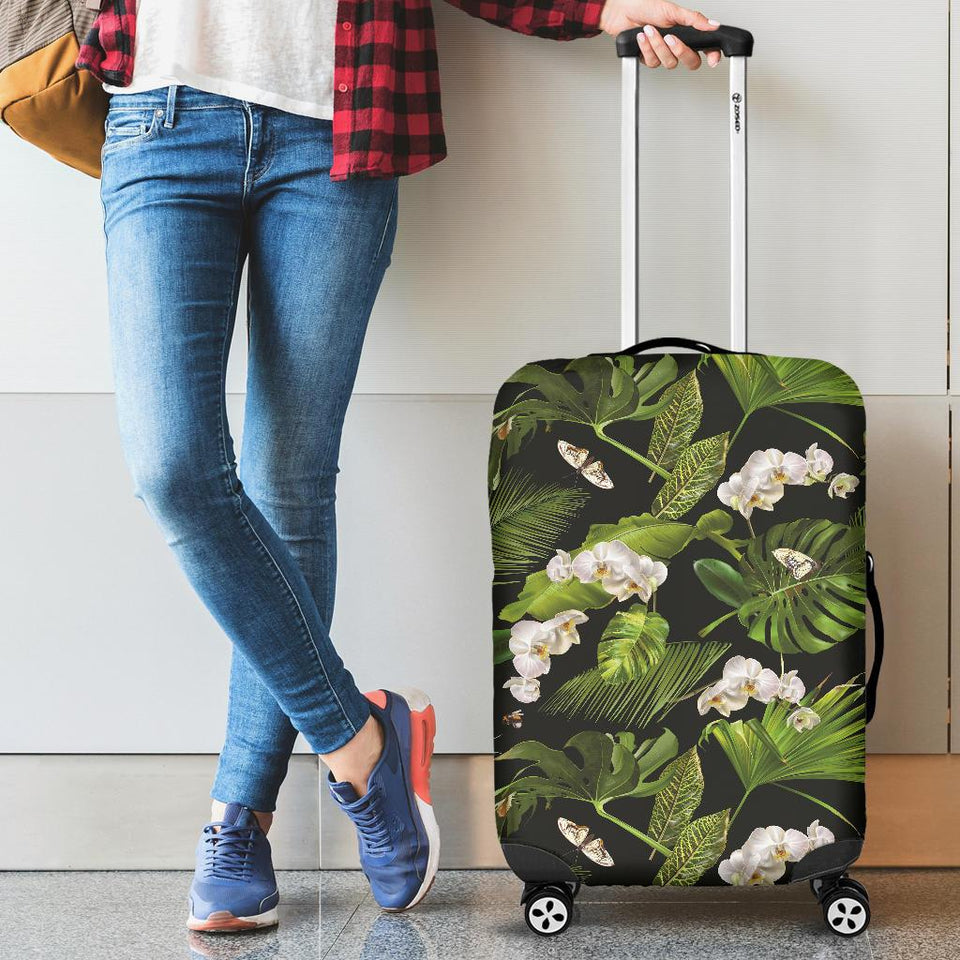 White Orchid Flower Tropical Leaves Pattern Blackground Cabin Suitcases Luggages