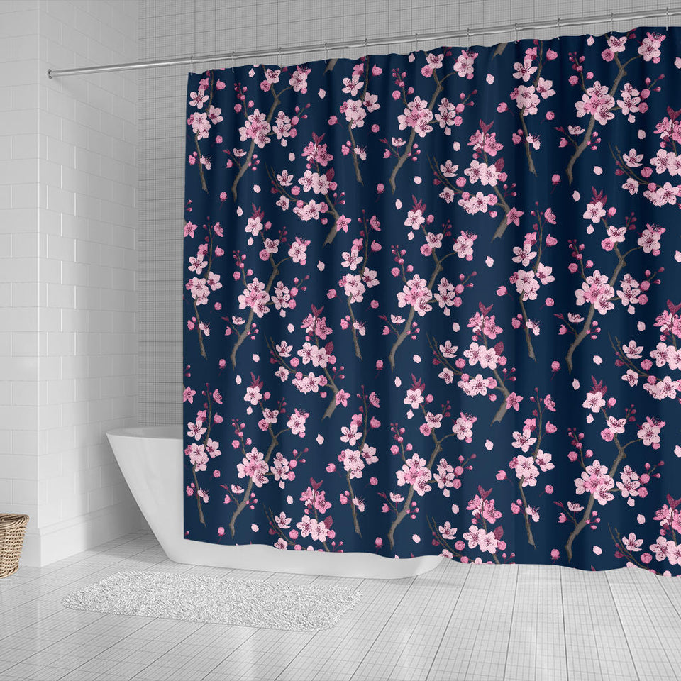 Pink Sakura Cherry Blossom Blue Background Shower Curtain Fulfilled In US