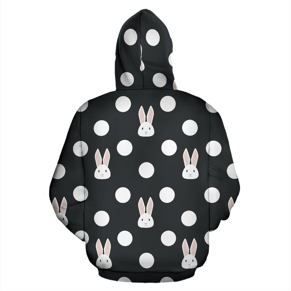 Cute White Rabbit Polka Dots Black Background Men Women Pullover Hoodie