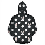 Cute White Rabbit Polka Dots Black Background Men Women Pullover Hoodie