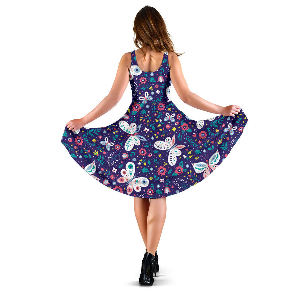 Colorful Butterfly Flower Pattern Sleeveless Midi Dress