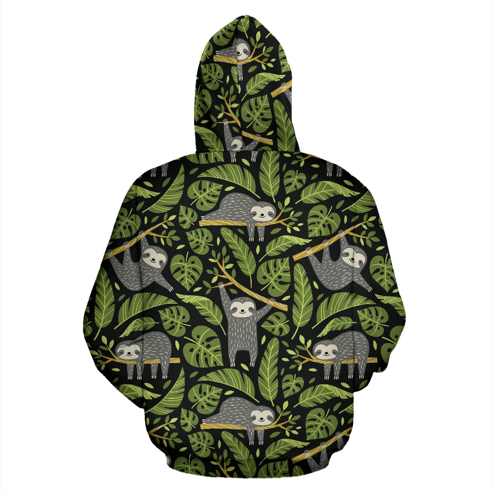 Cute Sloths Tropical Palm Leaves Black Background Zip Up Hoodie