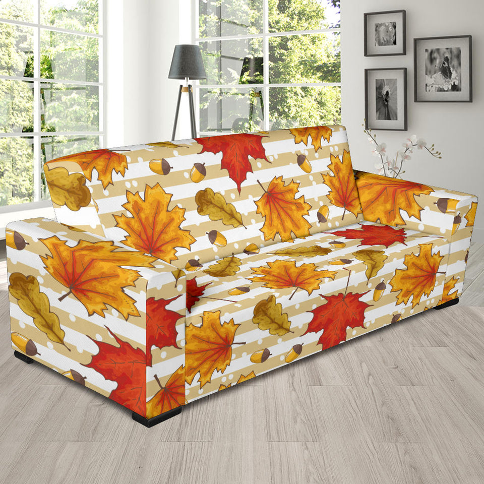 Maple Leaf Oak Leaf Acorns Beige Striped Background Sofa Slipcover
