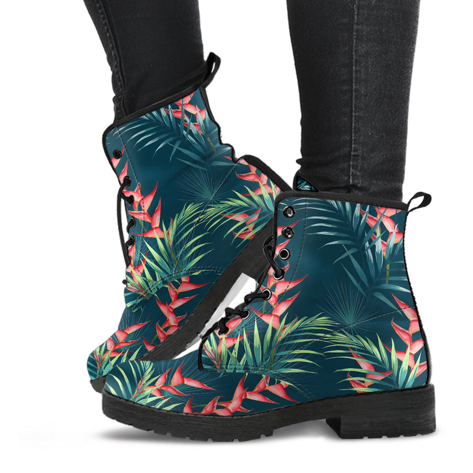 Heliconia Flowers, Palm And Monstera Leaves On Black Background Pattern Leather Boots