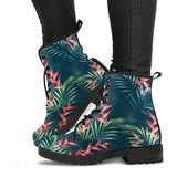 Heliconia Flowers, Palm And Monstera Leaves On Black Background Pattern Leather Boots