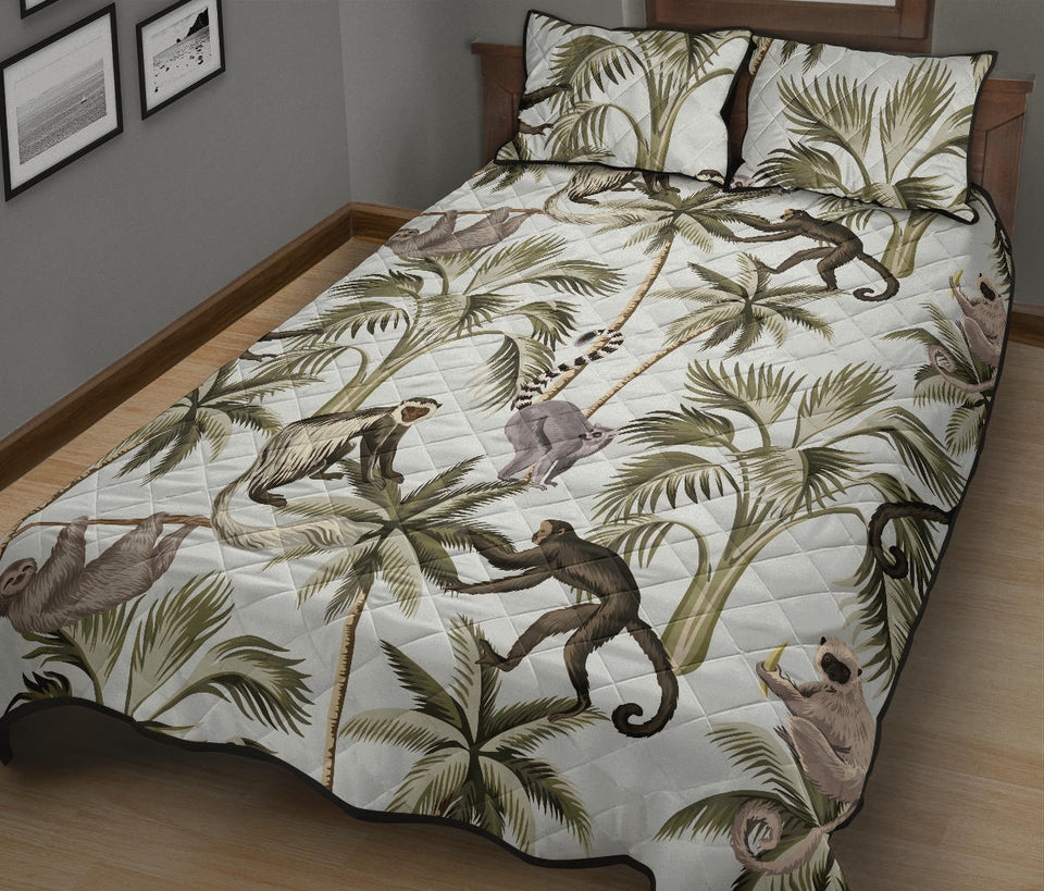 Monkey sloth lemur palm trees pattern Quilt Bed Set