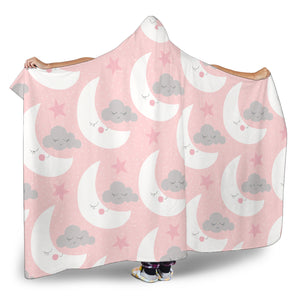 Cute Moon Cloud Star Pattern Pink Dot Background Hooded Blanket