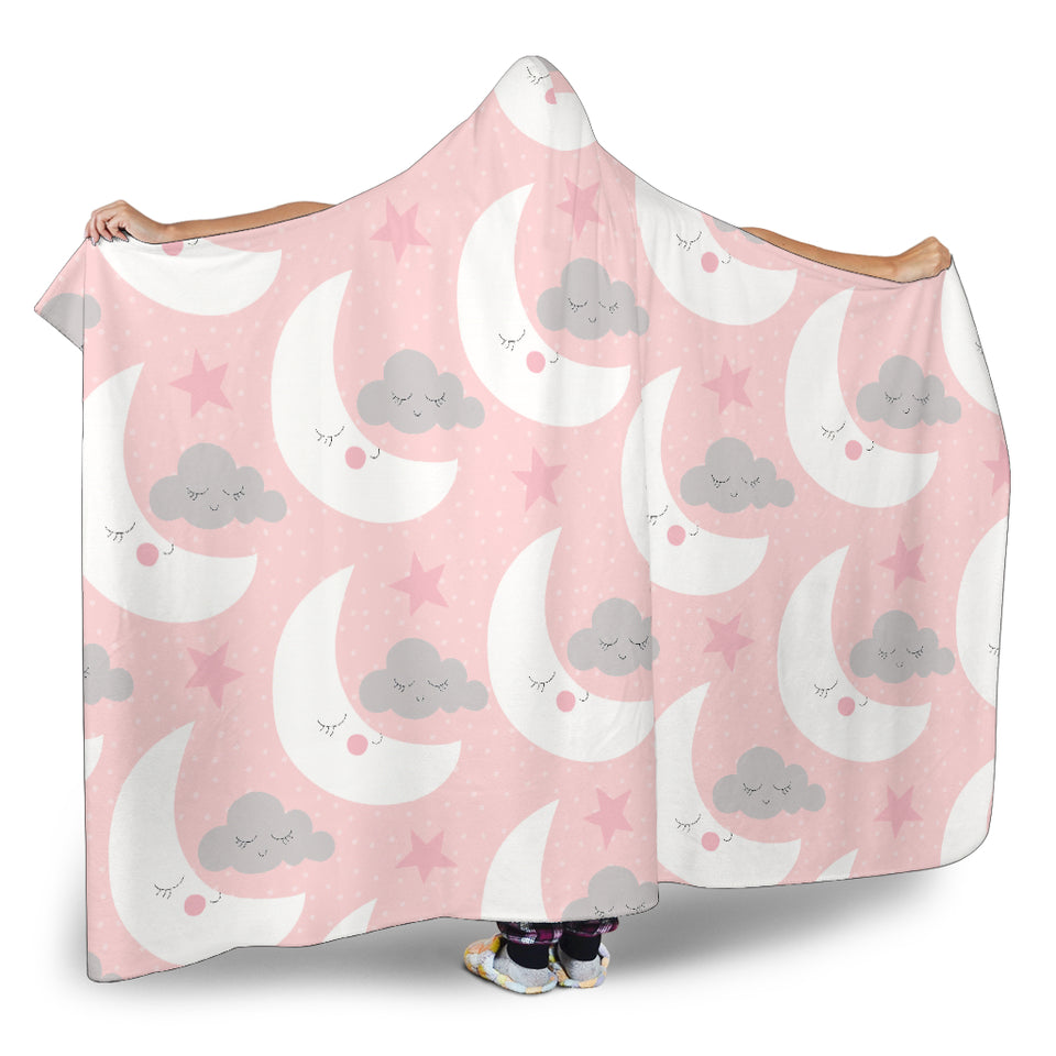 Cute Moon Cloud Star Pattern Pink Dot Background Hooded Blanket