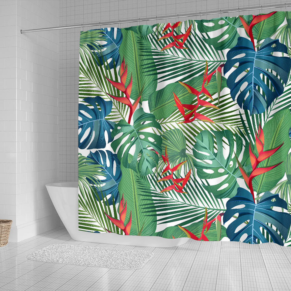 Heliconia Palm And Monstera  Leaves Pattern Shower Curtain Fulfilled In US