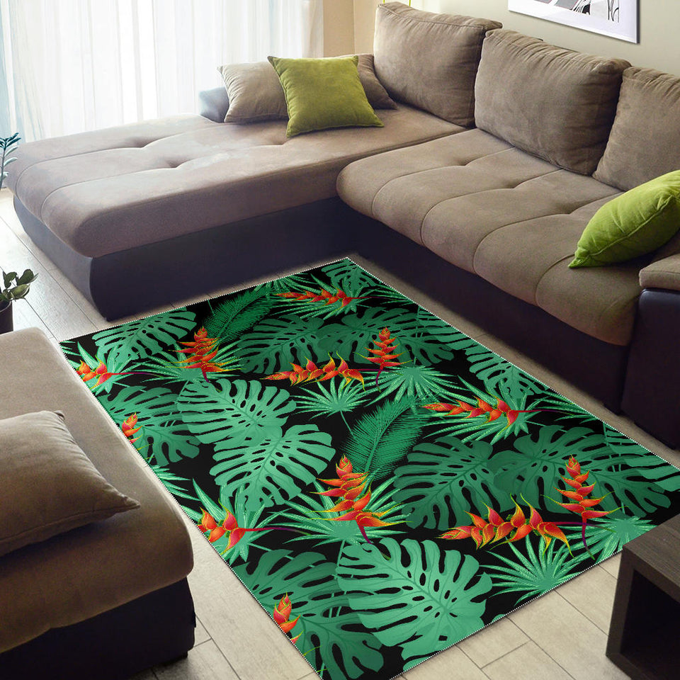 Heliconia Flower Palm Monstera Leaves Black Background Area Rug