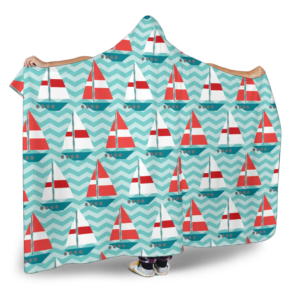 Red White Sailboat Wave Background Hooded Blanket