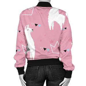 Llama Alpaca Pink Background Women'S Bomber Jacket