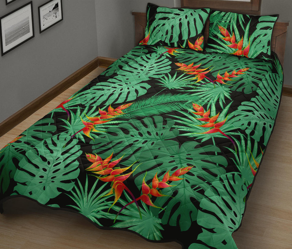 heliconia flower palm monstera leaves black background Quilt Bed Set
