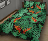 heliconia flower palm monstera leaves black background Quilt Bed Set
