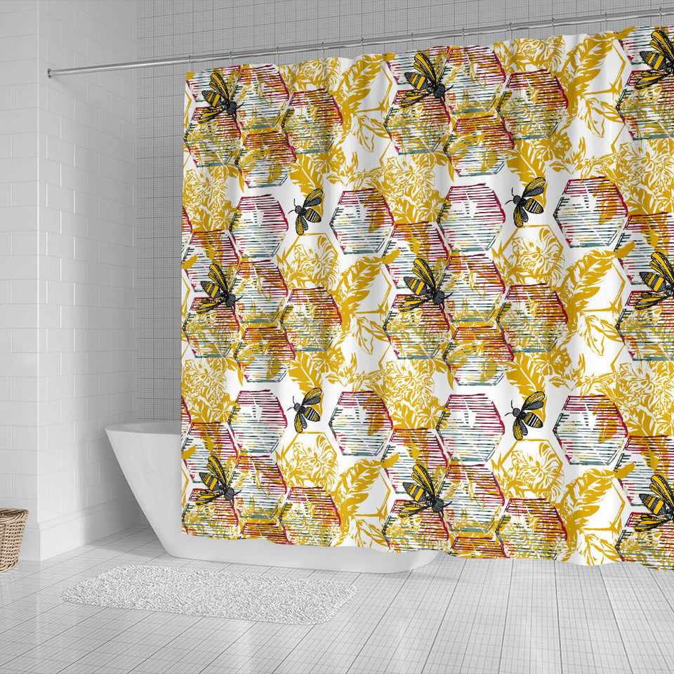 Cool Bee Honeycomb Leaves Pattern Shower Curtain Fulfilled In US