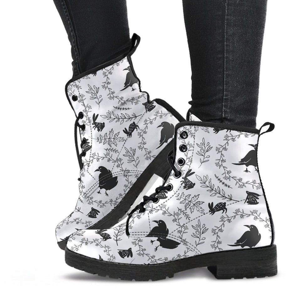 Crows Floral Wreath Rabbit Pattern Leather Boots