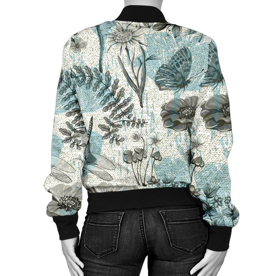 Dragonfly Butterfly Plants Insect Flower Vintage Style Pattern Women'S Bomber Jacket