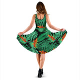 Heliconia Flower Palm Monstera Leaves Black Background Sleeveless Midi Dress