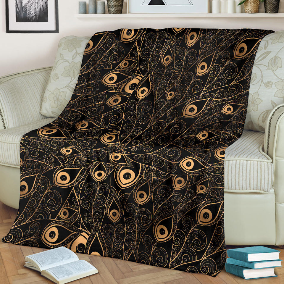 Gold Peacock Feather Pattern Premium Blanket