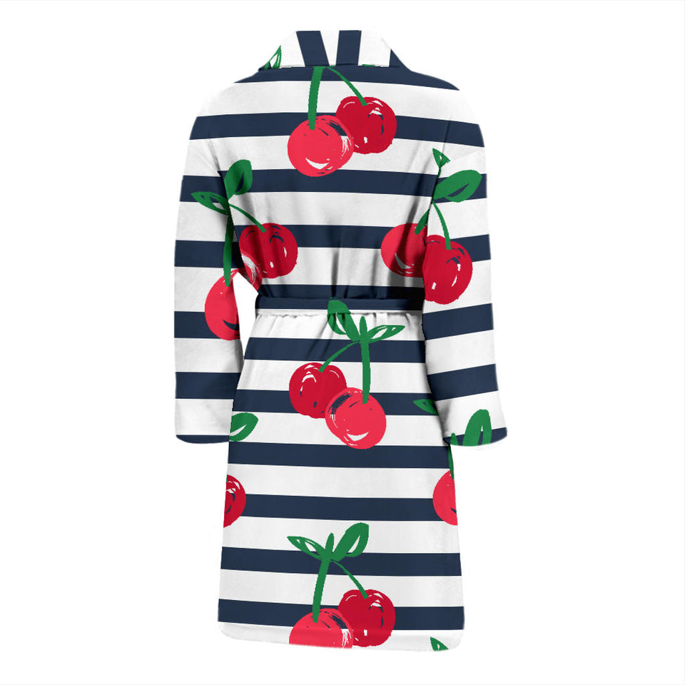 Hand Drawn Cherry Pattern Striped Background Men'S Bathrobe